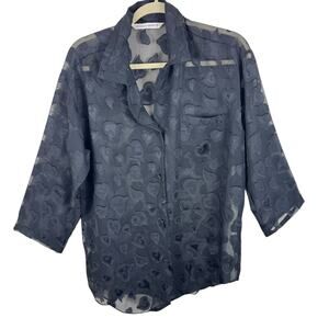 Victoria's Secret Y2K Black Heart Sheer 3/4 Sleeve Button Up Pajama Top Blouse L